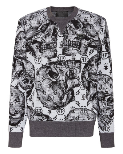 Merino wool Pullover Round Neck LS Jacquard Skull