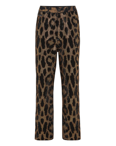 Denim Trousers Loose Fit with Crystals Leopard