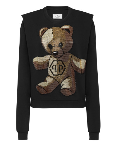 Cropped Padded Shoulder Sweatshirt with Crystals Teddy Bear