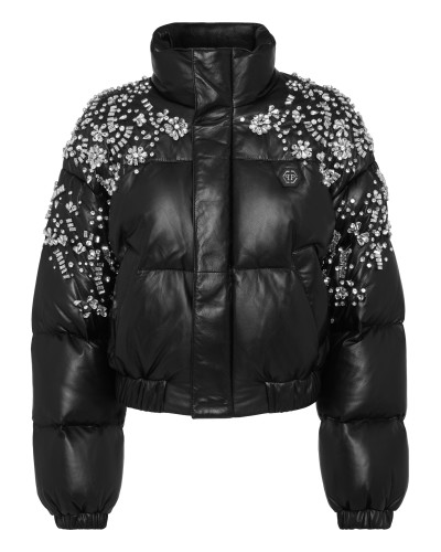 Leather Puffer Jacket Crystal