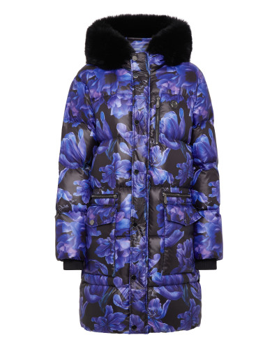 Nylon Parka with Fur Flowers