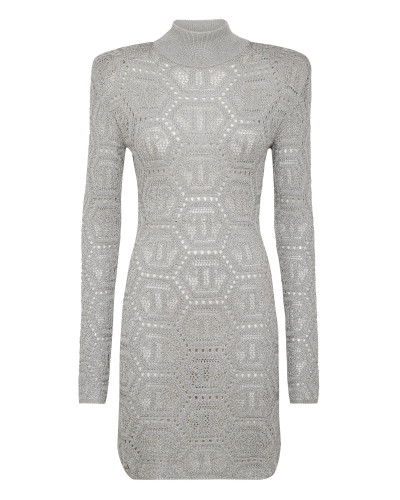 Lurex Padded Shoulder Mini Dress Hexagon