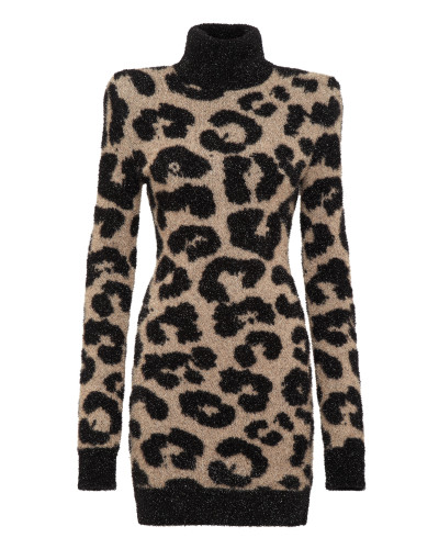 Padded Shoulder Lurex Turtleneck Dress