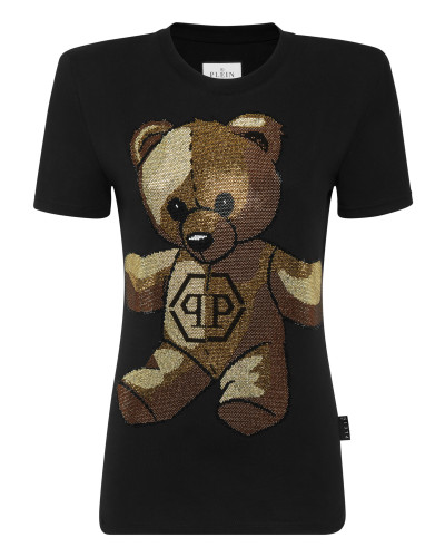 Padded Shoulder Sleeveless T-Shirt Sexy Pure Fit with Crystals Teddy Bear