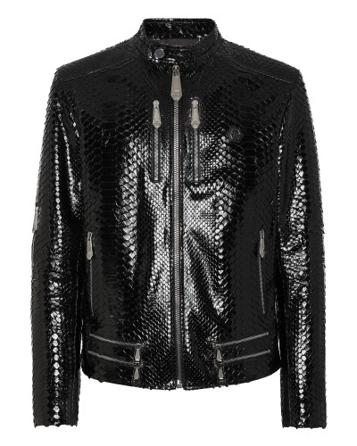 Python Zipped Leather Moto Jacket