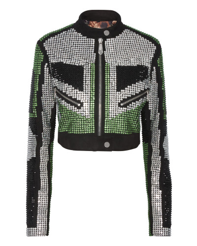 Cropped Leather Biker Jacket Strass