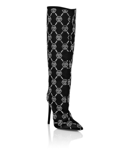 Satin Boots High Heels Mid Strass Monogram