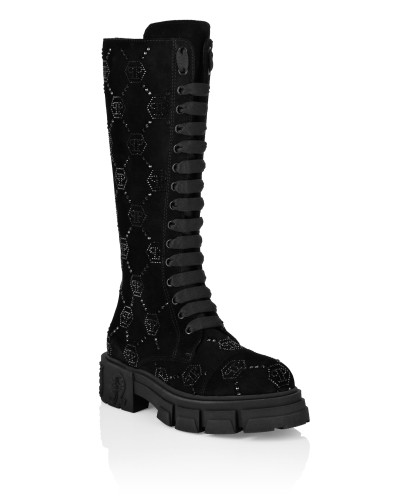 Suede Boots Flat High Strass Monogram