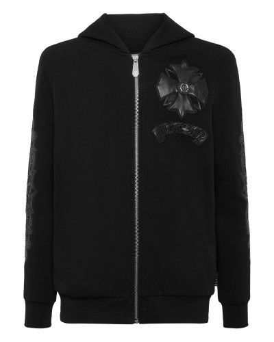 Zip Hoodie with Leather Inserts Chrome Crest
