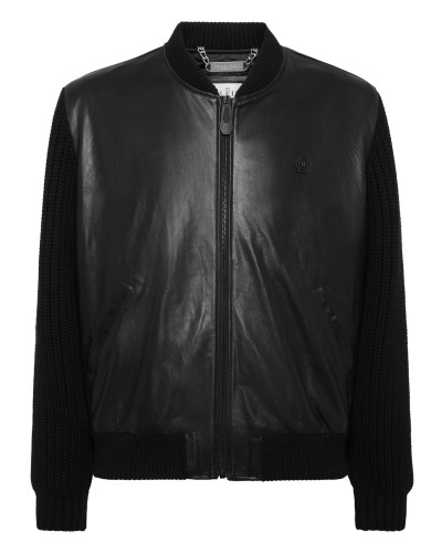 Leather Bomber with Knitted Sleeves