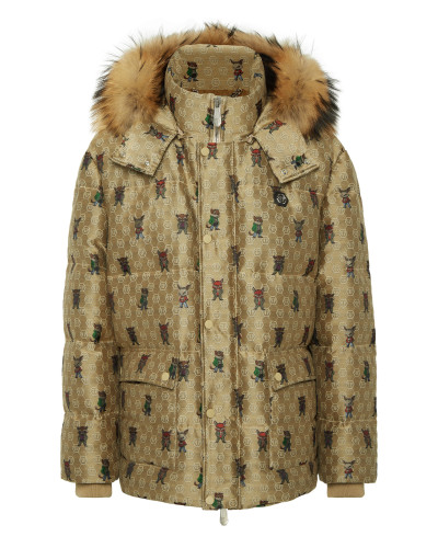 Jacquard Puffer Jacket Monogram Fairy with Fur Collar
