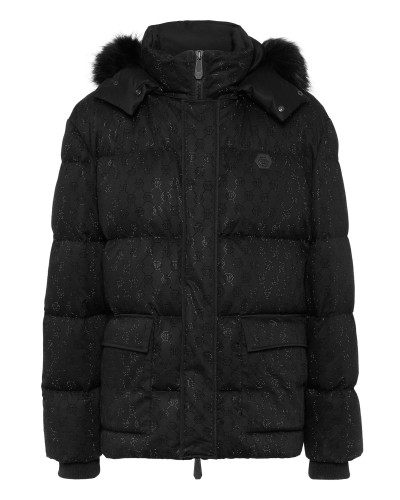 Mid Length Down Jacket with Fur Monogram Strass