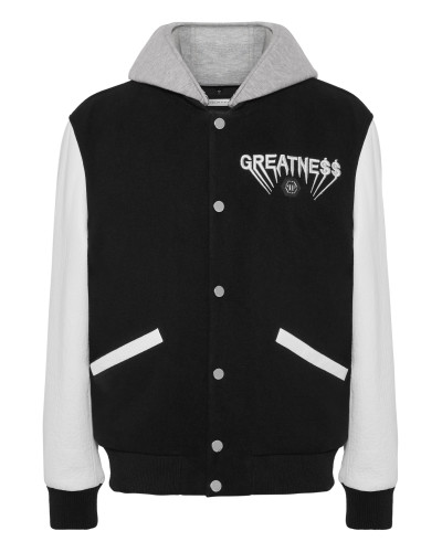 Hooded Varsity Bomber with Leather Sleeves Greatness