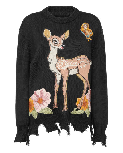 Destroyed Roundneck Pullover with Embroidery Fairy