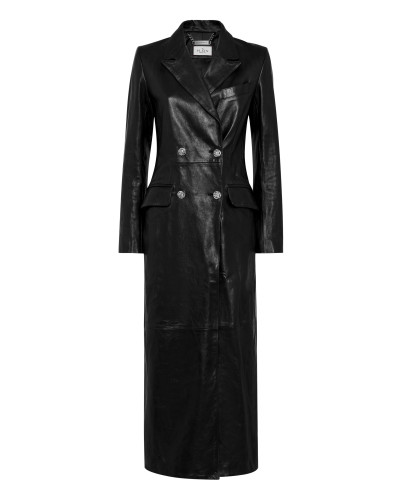 Double-Breasted Leather Long Coat Embossed Signature