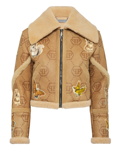 Cropped Embroidered Leather and Shearling Jacket Monogram