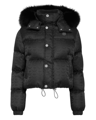 Cropped Nylon Down Jacket Monogram with Fox Fur
