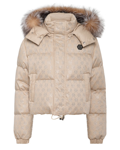 Cropped Down Jacket with Fur Collar Monogram Strass