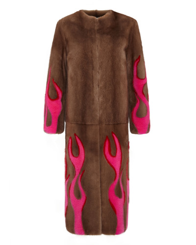 Hell Flames Intarsia Mink Fur Long Coat