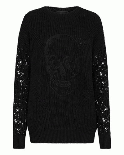 Cashmere 5 Pullover Round Neck LS Crystal Skull
