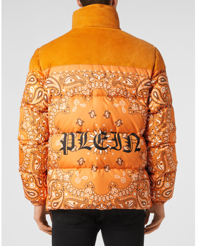 Nylon and Suede Down Jacket Paisley Bandana