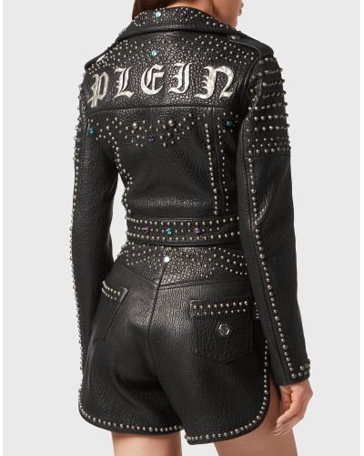 Vintage Leather Cropped Biker Jacket Studs