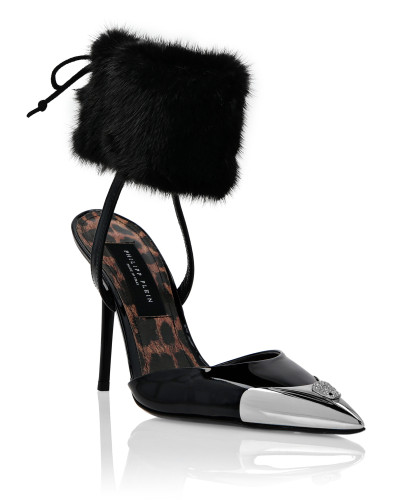 Patent Leather & Real Fur Decollete Mid-Heels Crystal Skull