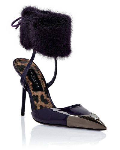 Patent Leather & Real Fur Decollete Mid-Heels Crystal Skull