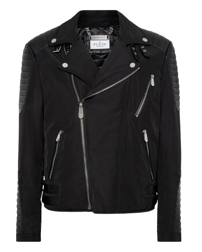 Nylon Biker Jacket With Leather Padding