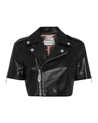 Leather Cropped Biker Short Sleeve Jacket