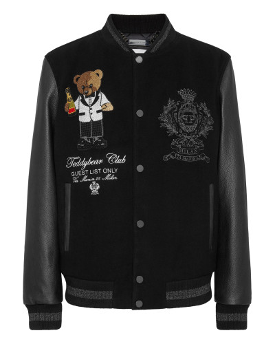 Wool & Leather Varsity Bomber Jacket Teddy Stones