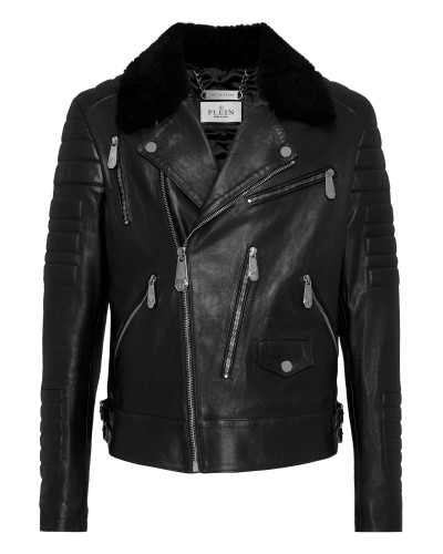 Leather Biker Jacket with Shearling Collar