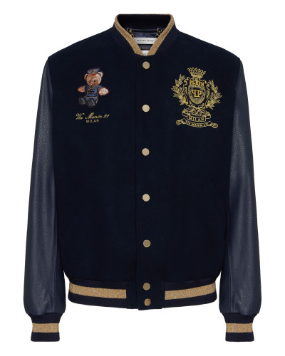 Leather and Wool Varsity Bomber Teddy Doorman Leather and Wool Varsity Bomber Teddy Doorman