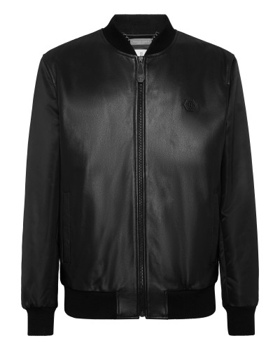 Leather Bomber with Nylon Sleeves