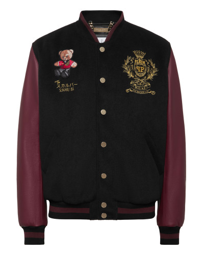 Leather and Wool Varsity Bomber Jacket Teddy Bear
