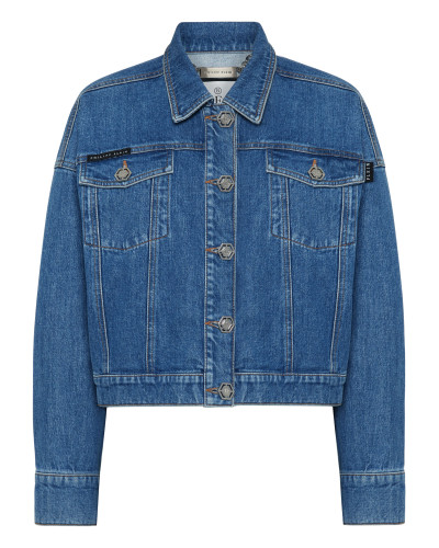 Denim Cropped Jacket Crystal Fringes
