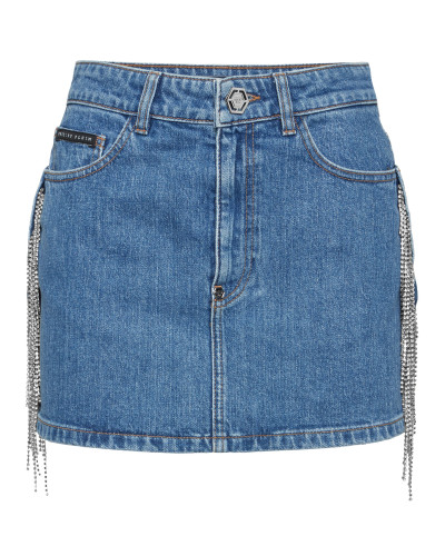 Denim Mini Skirt Crystal Fringes