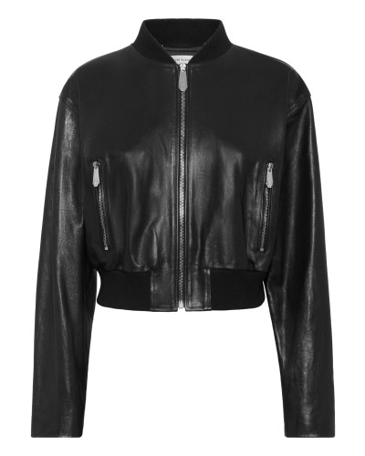 Cropped Leather Bomber Embossed Signature