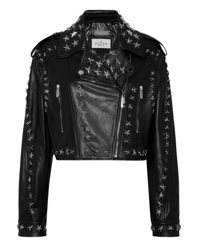 Leather Biker Jacket Star Studs