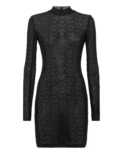 Tulle Long-Sleeved Mini Dress Monogram Strass