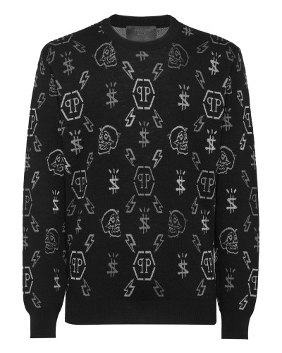 Merino wool Pullover Round Neck LS Jacquard Monogram