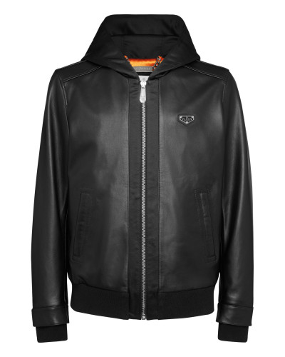 Nappa Leather Hooded Bomber Jacket