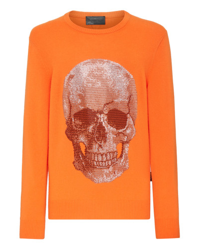 Cashmere Pullover Round Neck LS Iconic Plein with Crystals