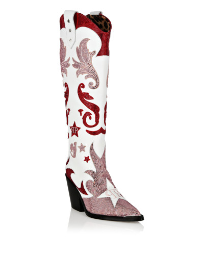 Strass Cow Boy Boots Mid Heels High Stars