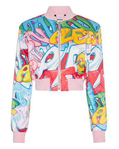 Satin Cropped Bomber Bombing Graffiti