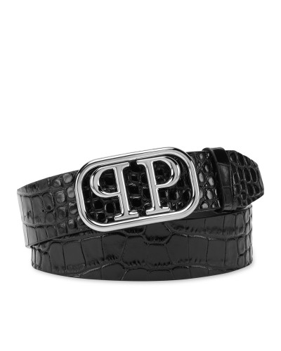 Leather Belt Crocco Print Shiny Skull