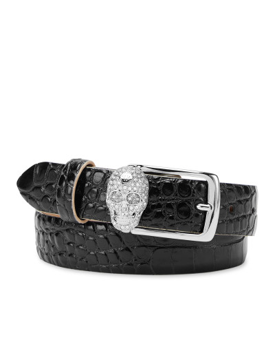 Leather Belt Crocco Print Shiny Skull