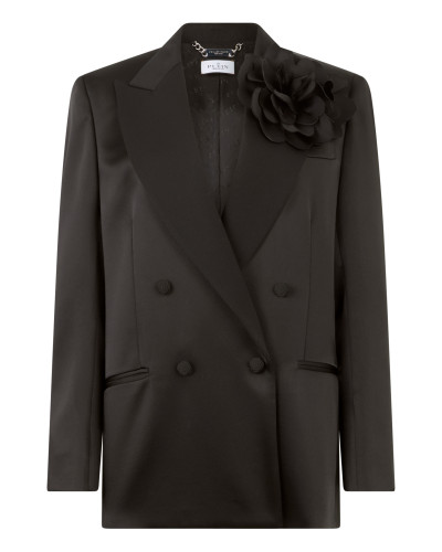 Double-Breasted Satin Blazer Roses