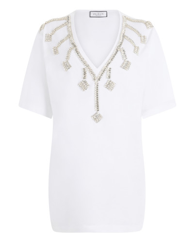 V-Neck T-Shirt Dress Crystal Fringes