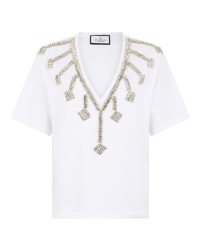 V-Neck T-Shirt Crystal Fringes